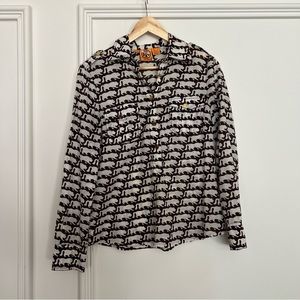 Tory Burch brown & white blouse with gold buttons